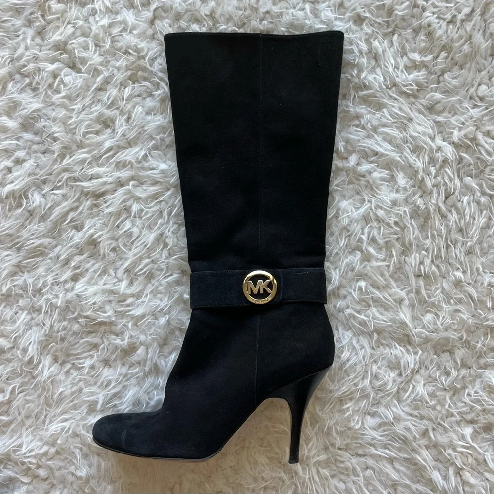 Michael Kors Caroline Suede Leather Boots‎ High Heel Black Size 8 Gold Logo Used